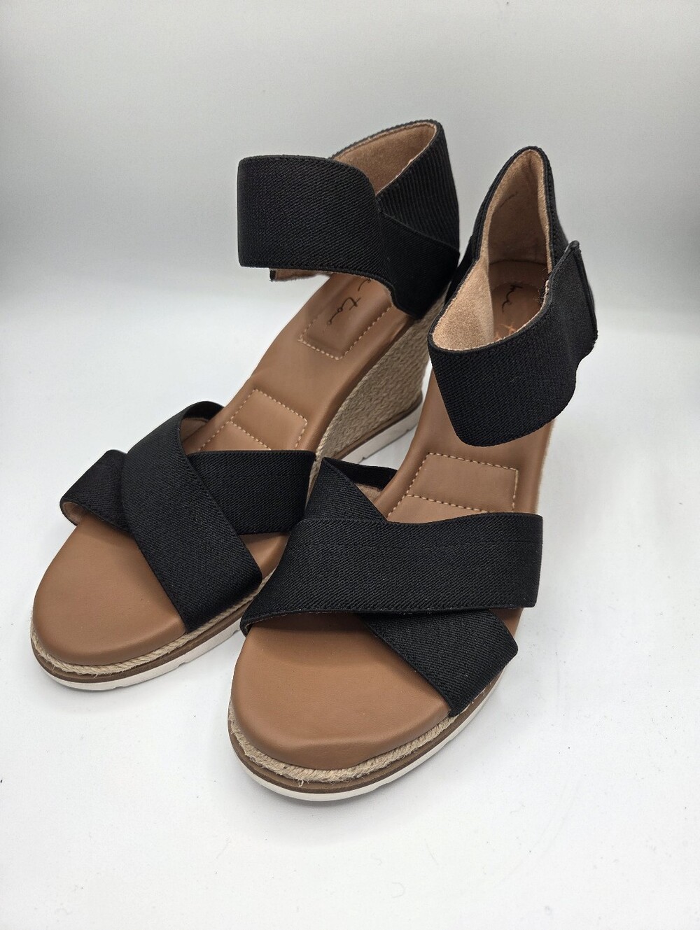 me too Black Elastic Crisscross Wedge Sandals
